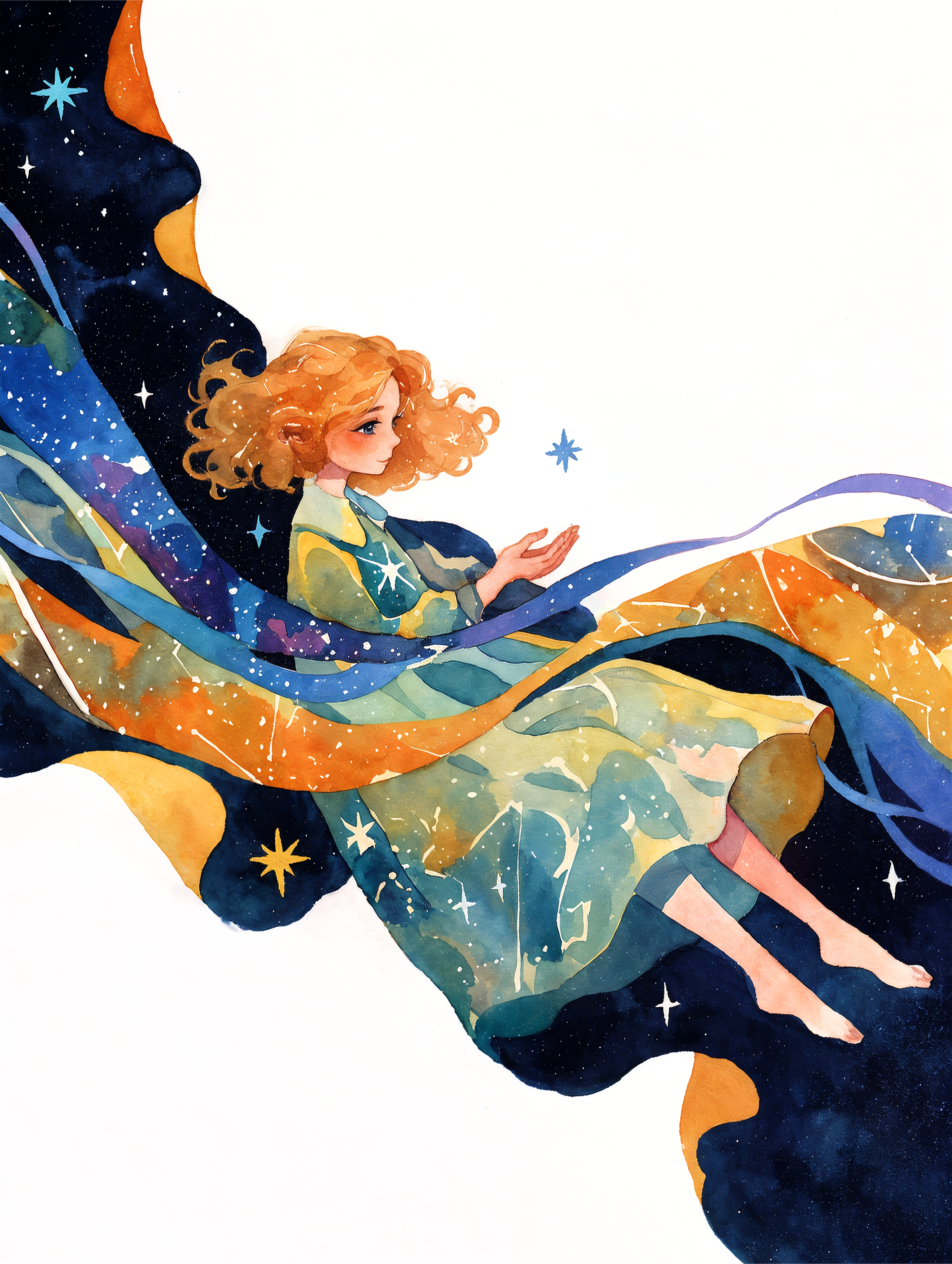 幻想的な星空と虹に包まれる女性の水彩イラスト no.4