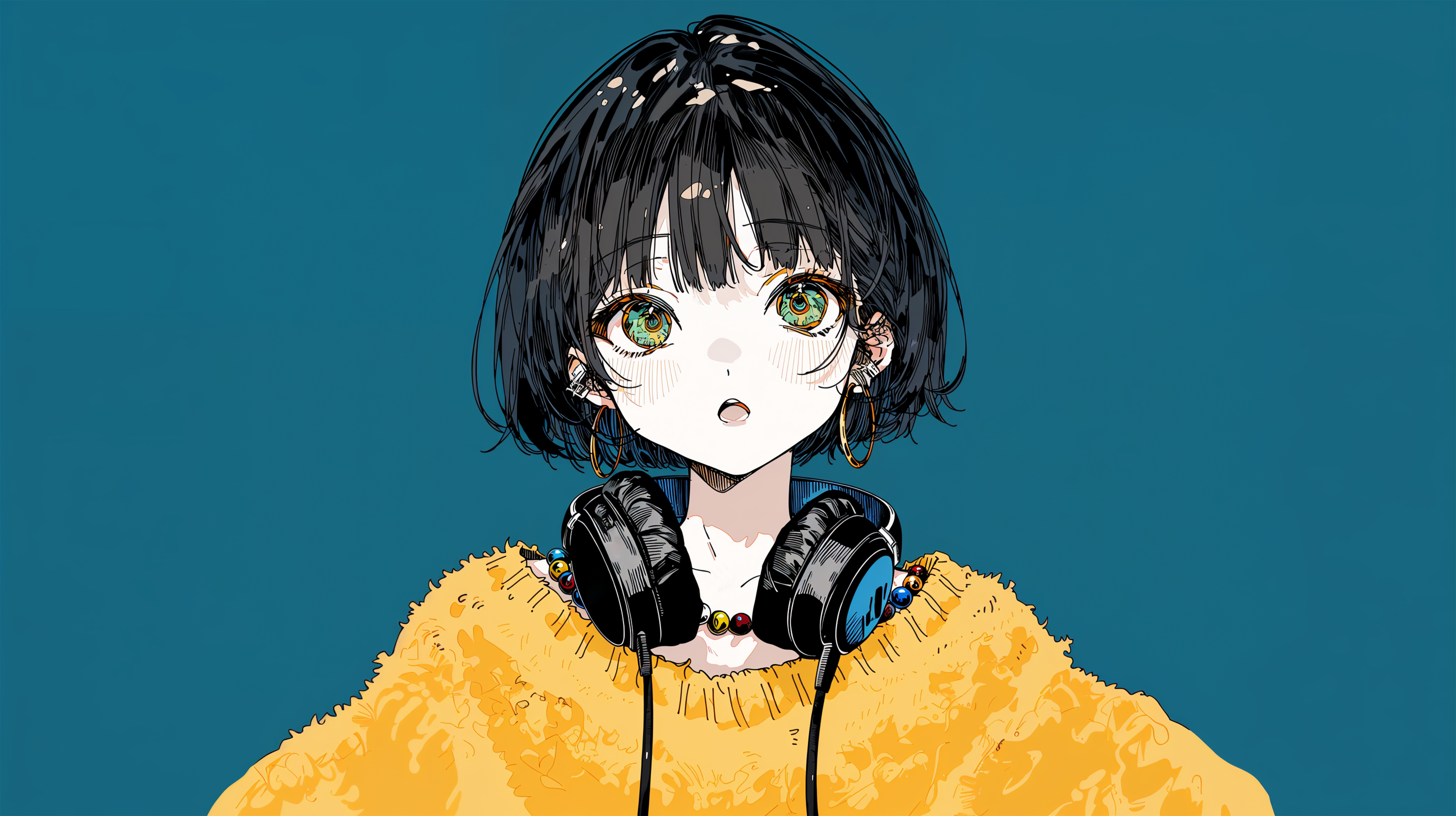 ヘッドホンを首にかけた可愛い女の子のイラスト no.1