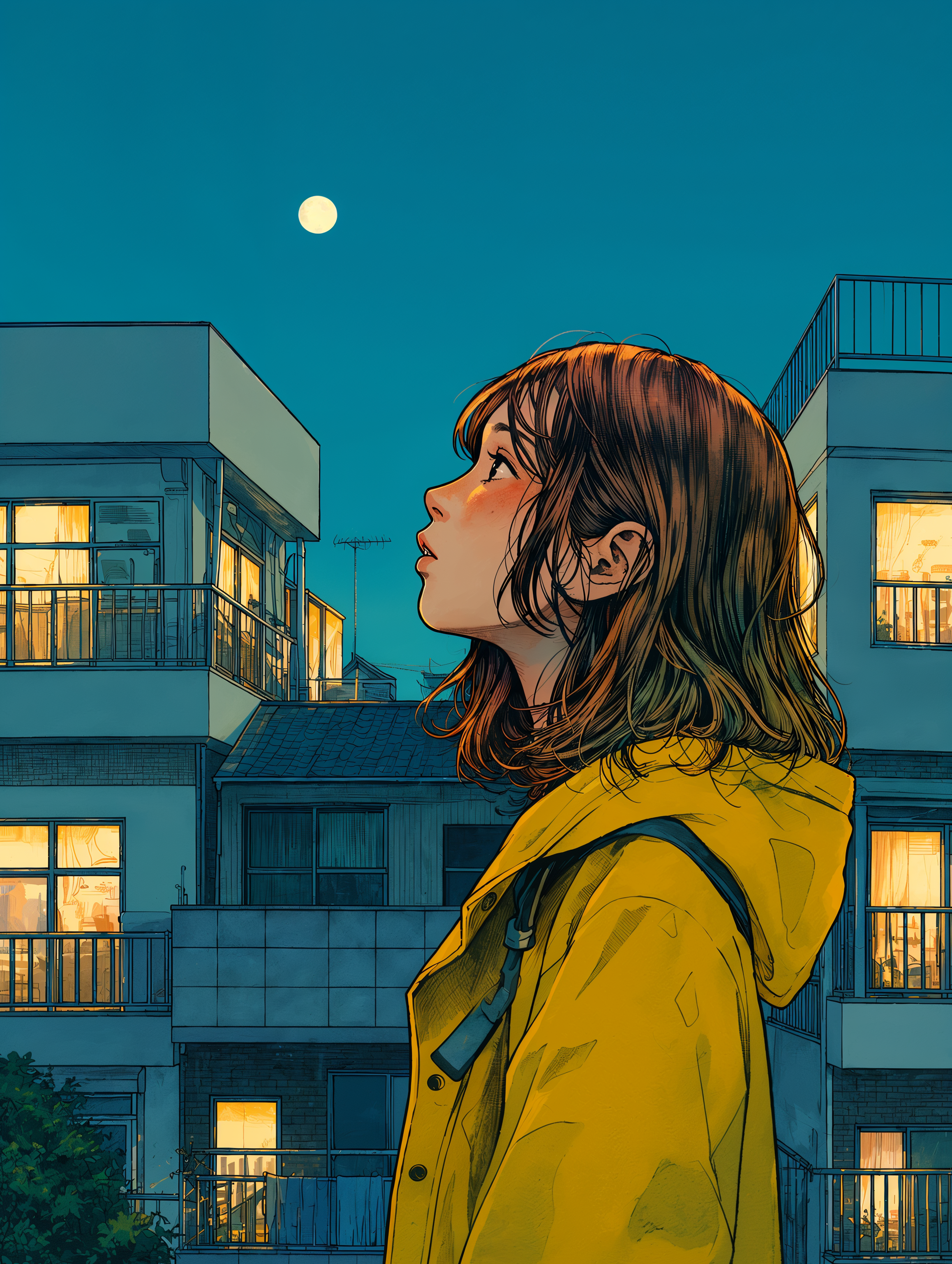 満月の夜に夜空を見上げながら歩く女性の横顔イラスト no.1