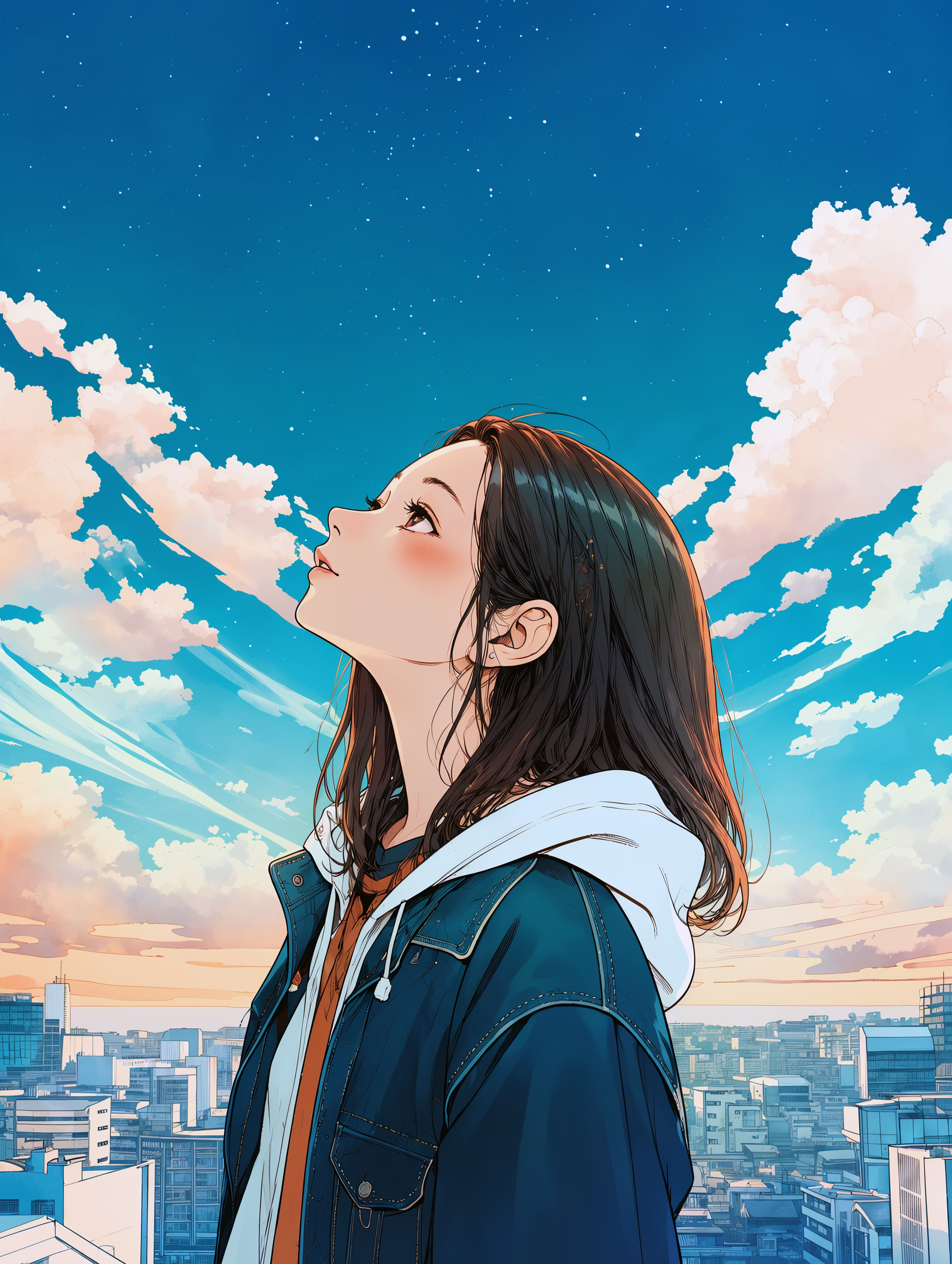満月の夜に夜空を見上げながら歩く女性の横顔イラスト no.3