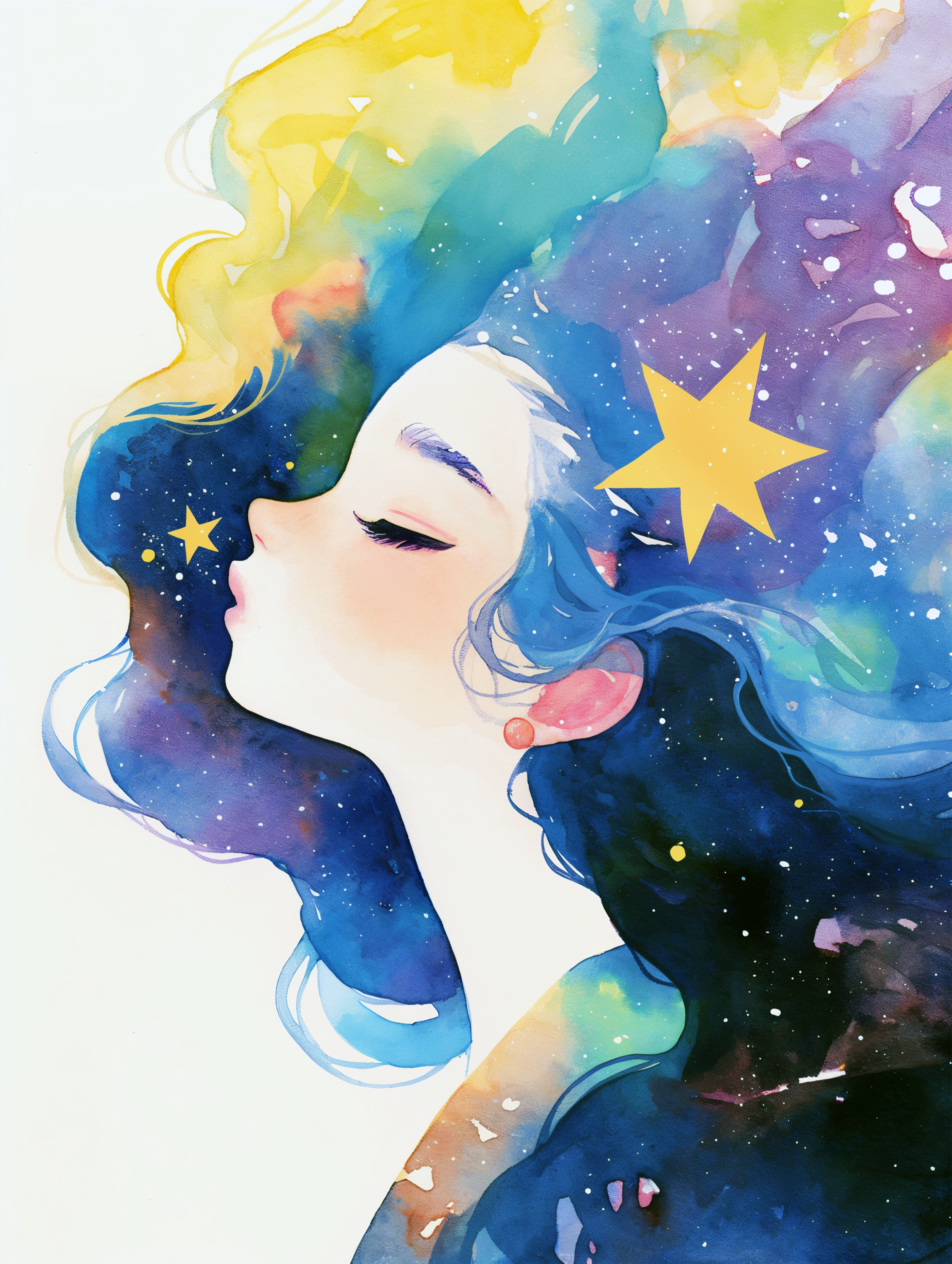 星空と宇宙をまとった女性の幻想的な水彩イラスト no.1