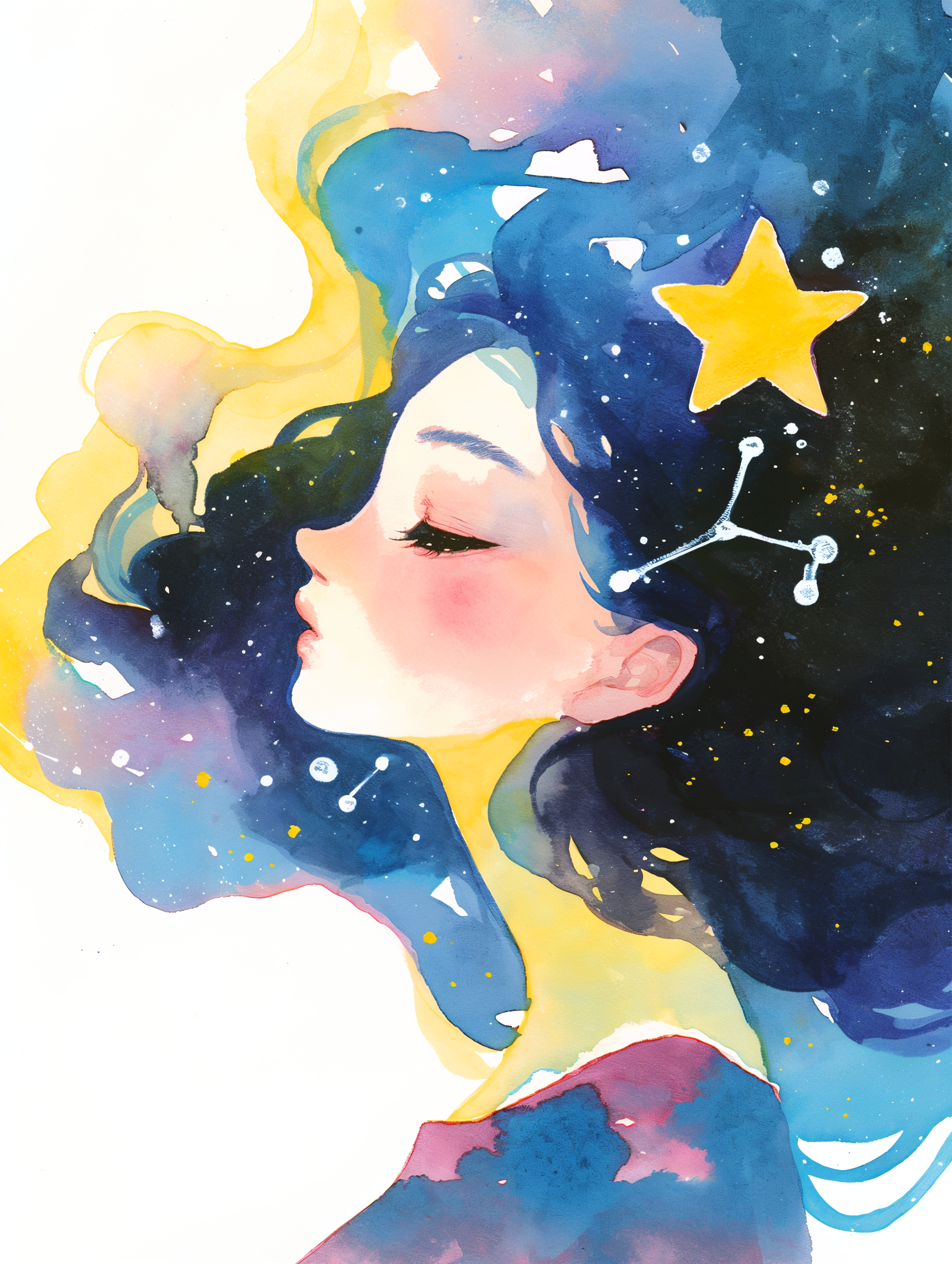 星空と宇宙をまとった女性の幻想的な水彩イラスト no.3