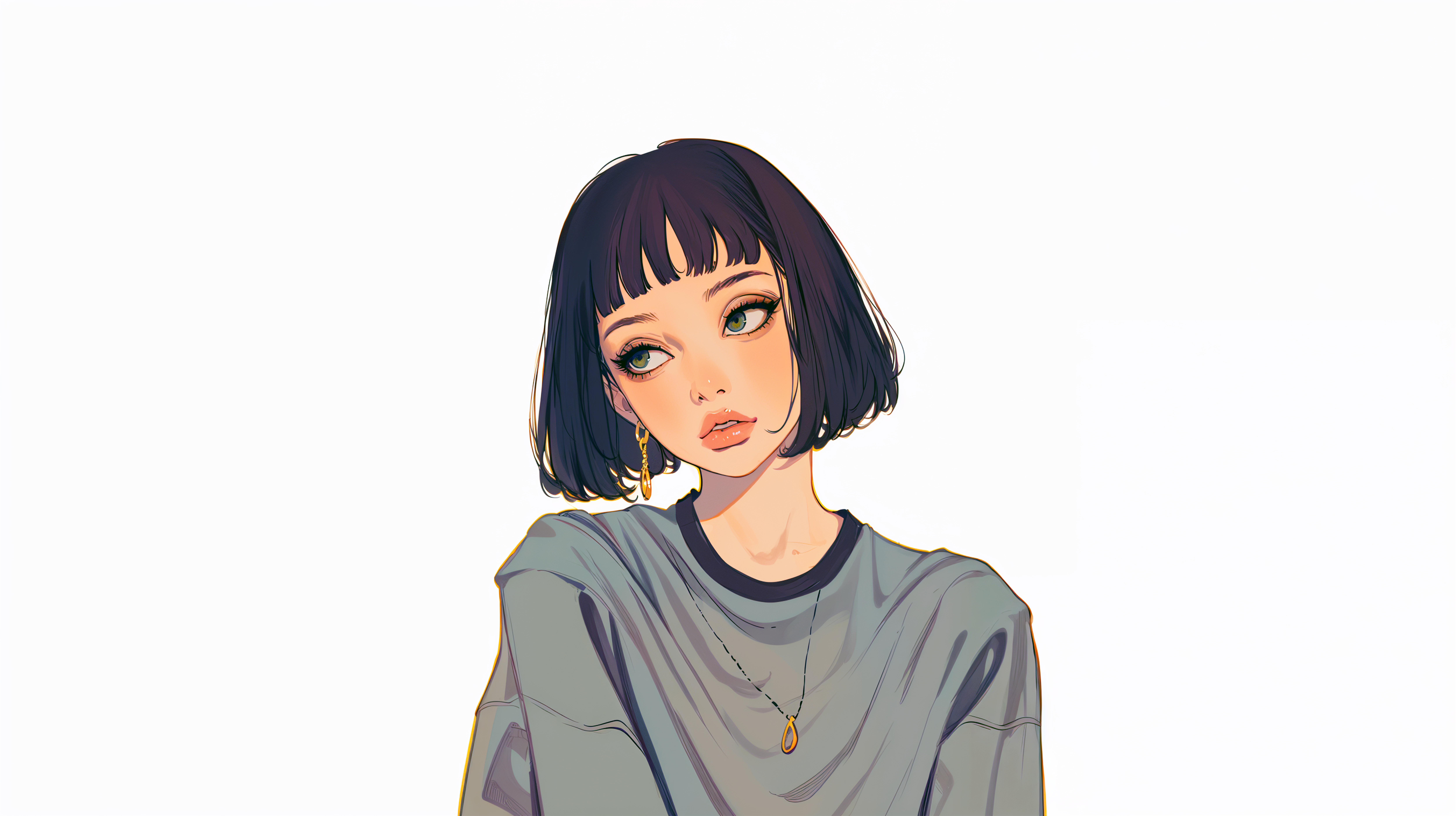 ビックTシャツを着たクールな女性のポートレートイラスト no.1