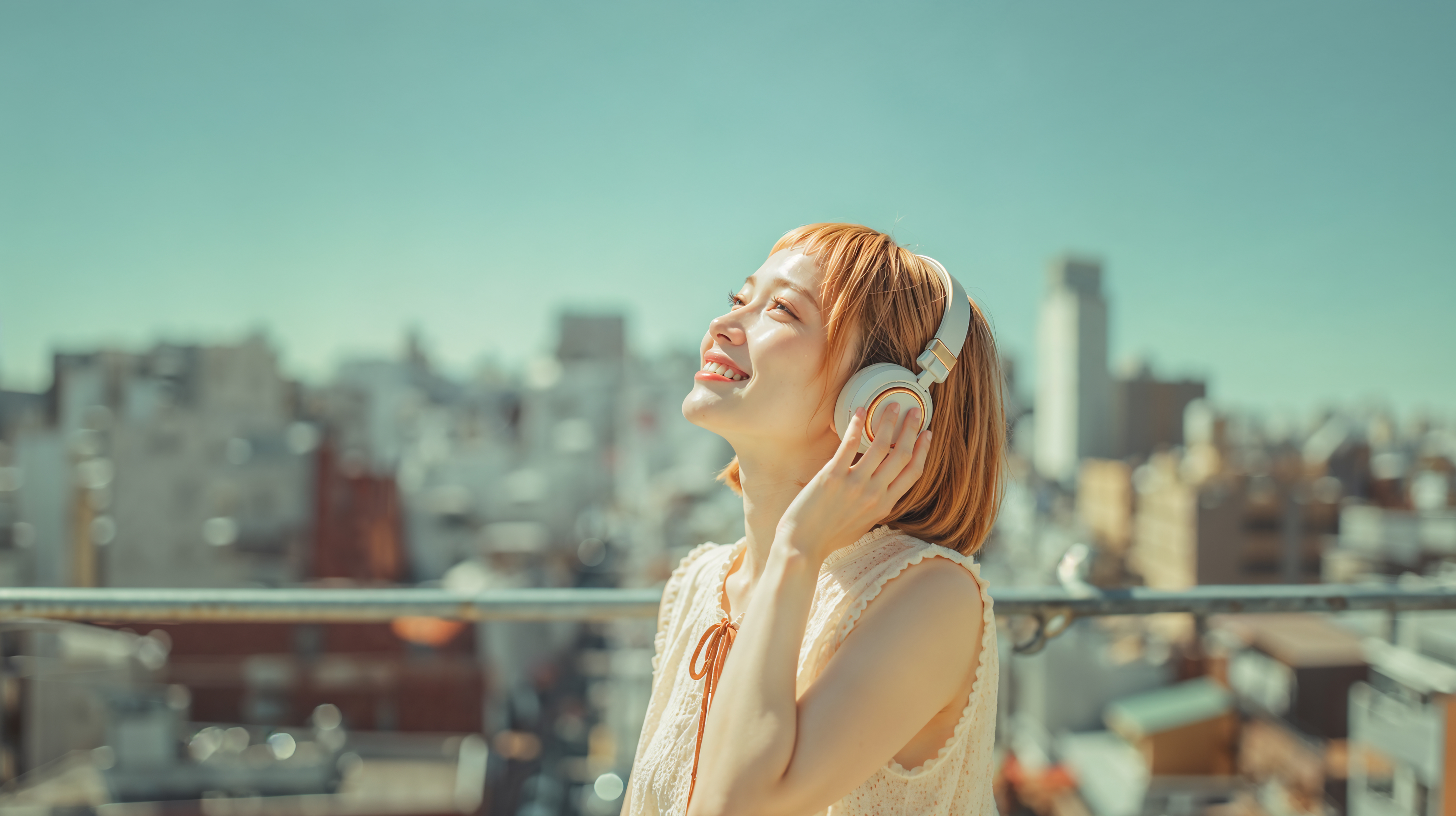 ヘッドホンで音楽を聴きながら都会の空を見上げる笑顔の女性 no.1