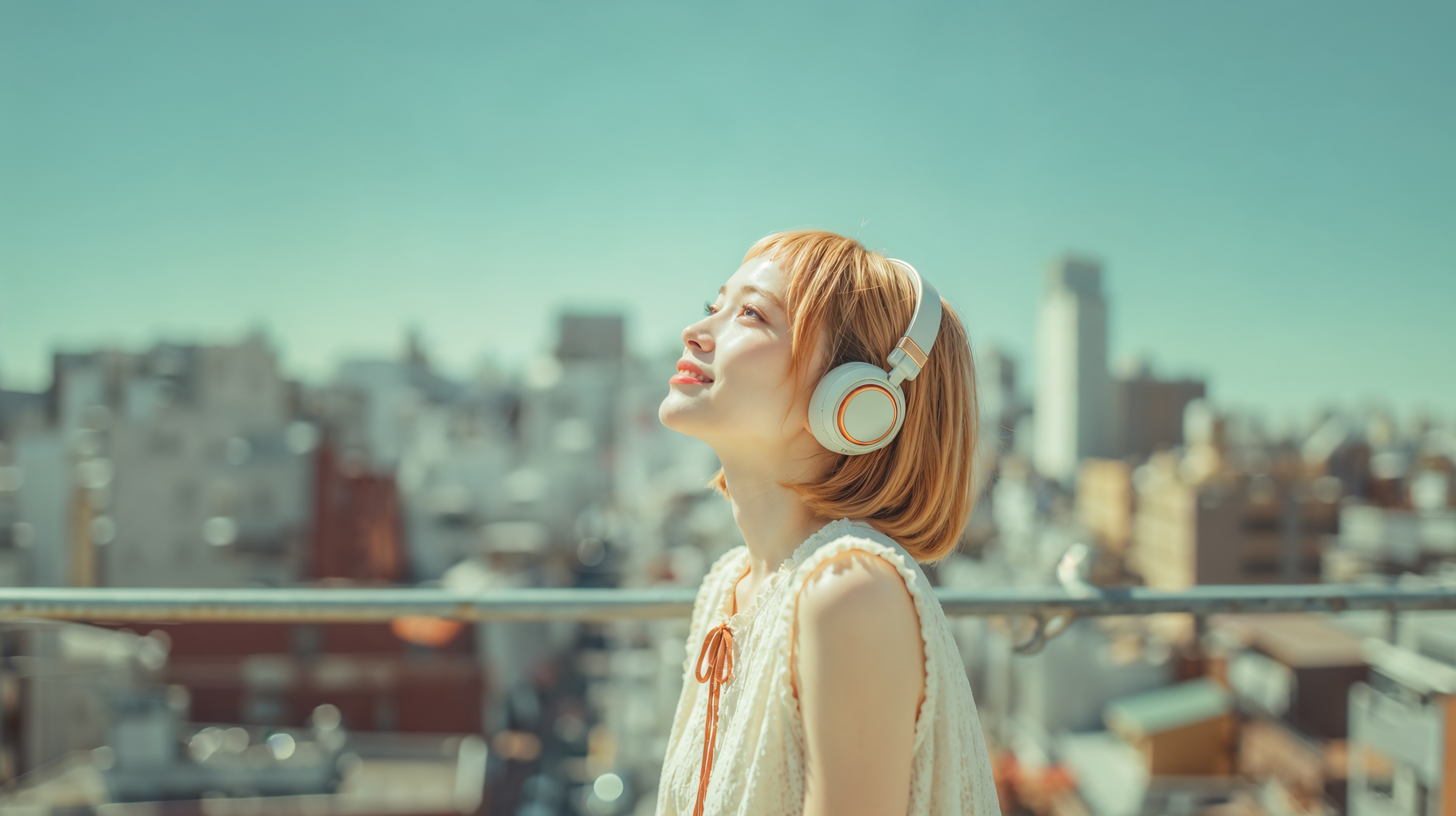 ヘッドホンで音楽を聴きながら都会の空を見上げる笑顔の女性 no.2