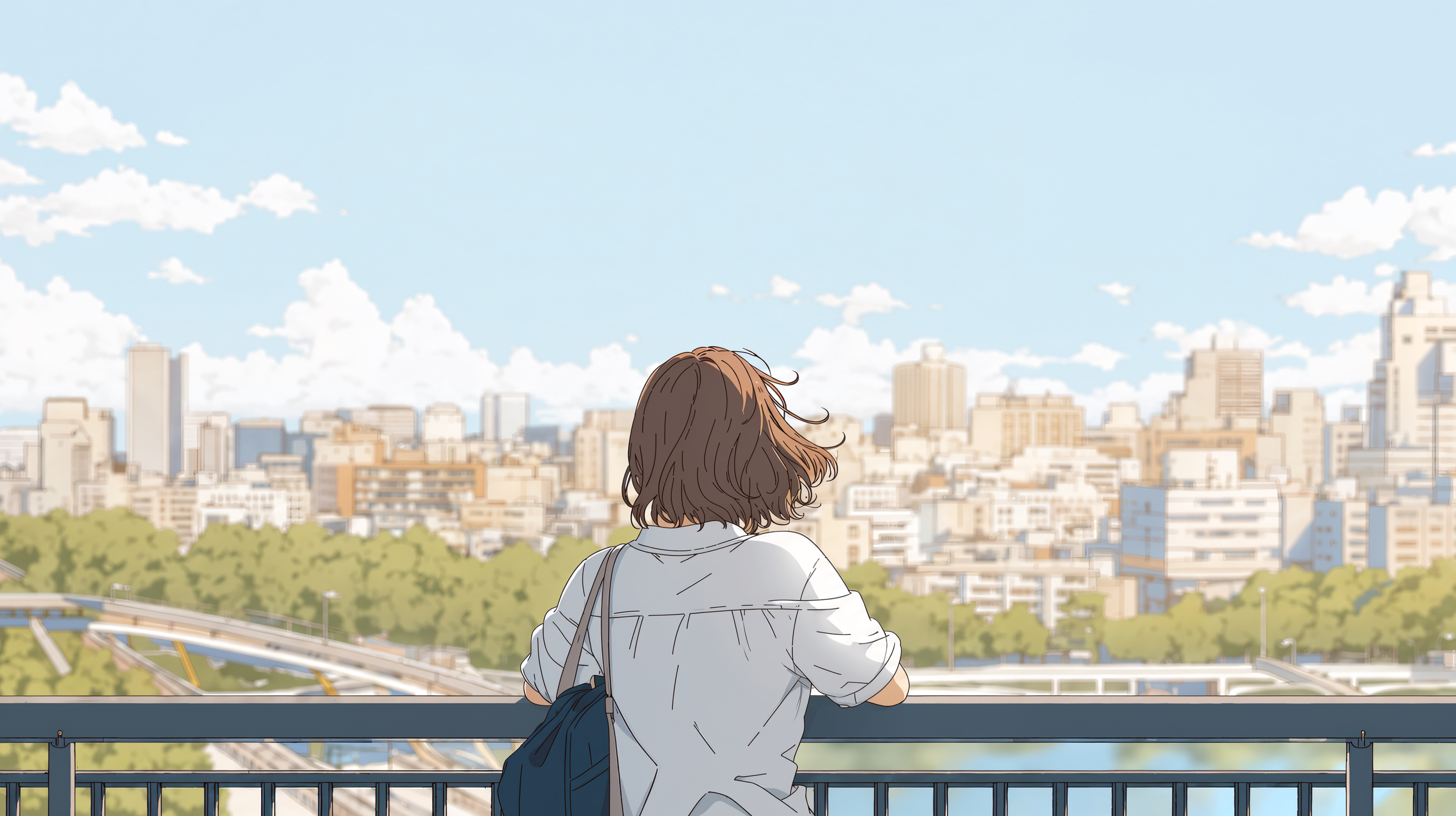 橋の上から街を眺める女の子の後ろ姿 no.1