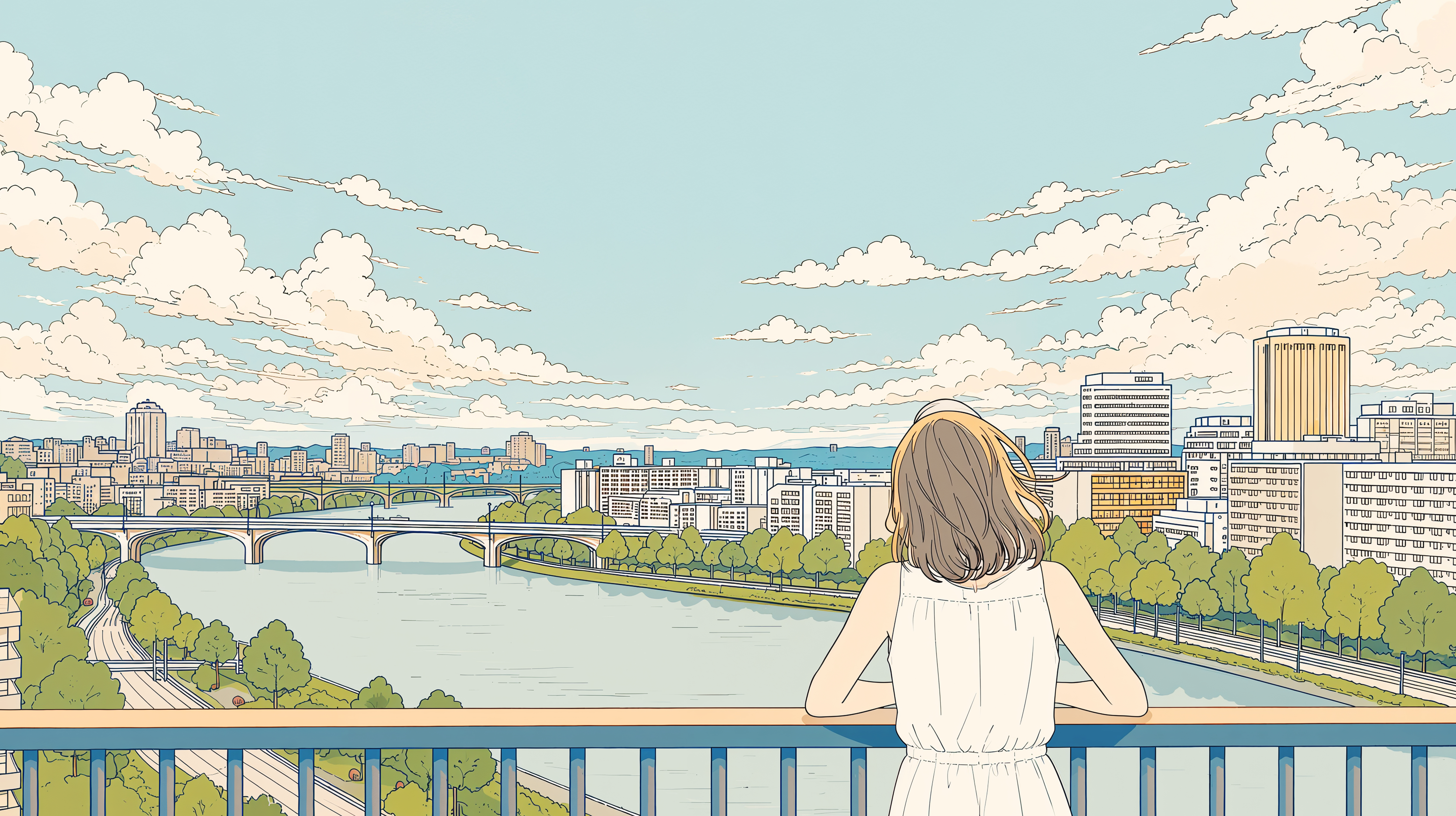 橋の上から街を眺める女の子の後ろ姿 no.3