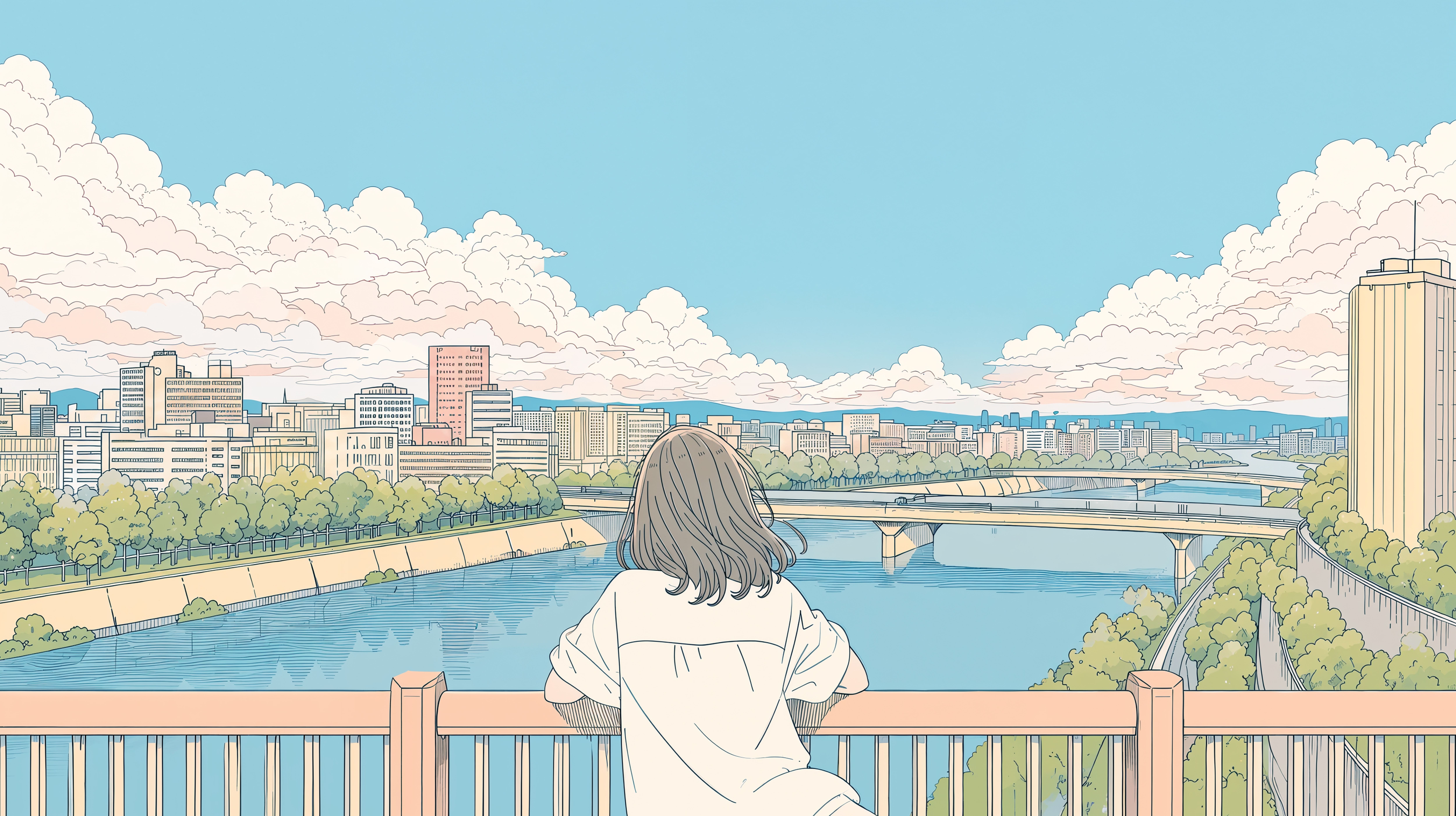 橋の上から街を眺める女の子の後ろ姿 no.4