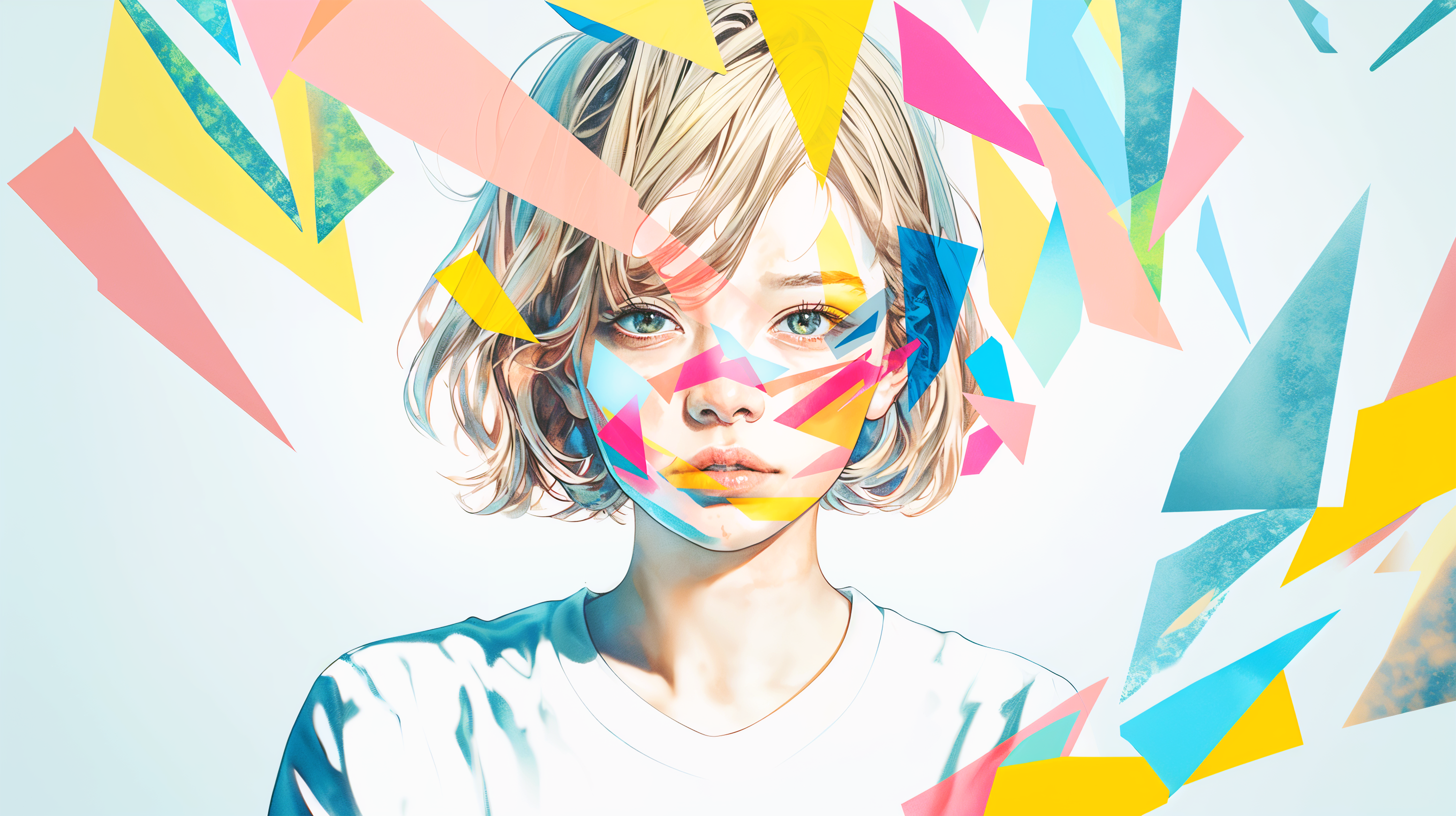 カラフルな模様に包まれた若い女性のアートポートレートイラスト no.4