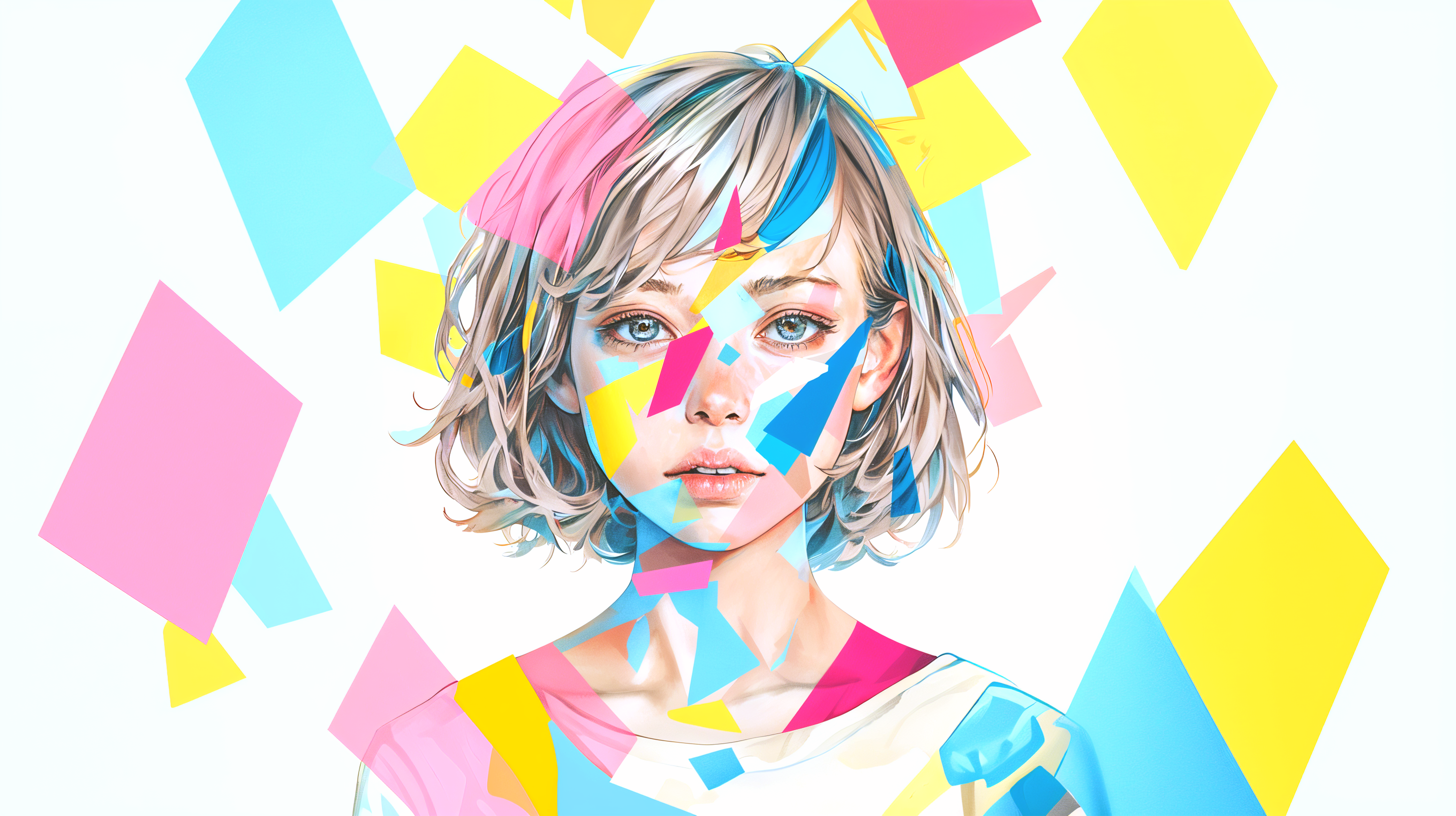 カラフルな模様に包まれた若い女性のアートポートレートイラスト no.5