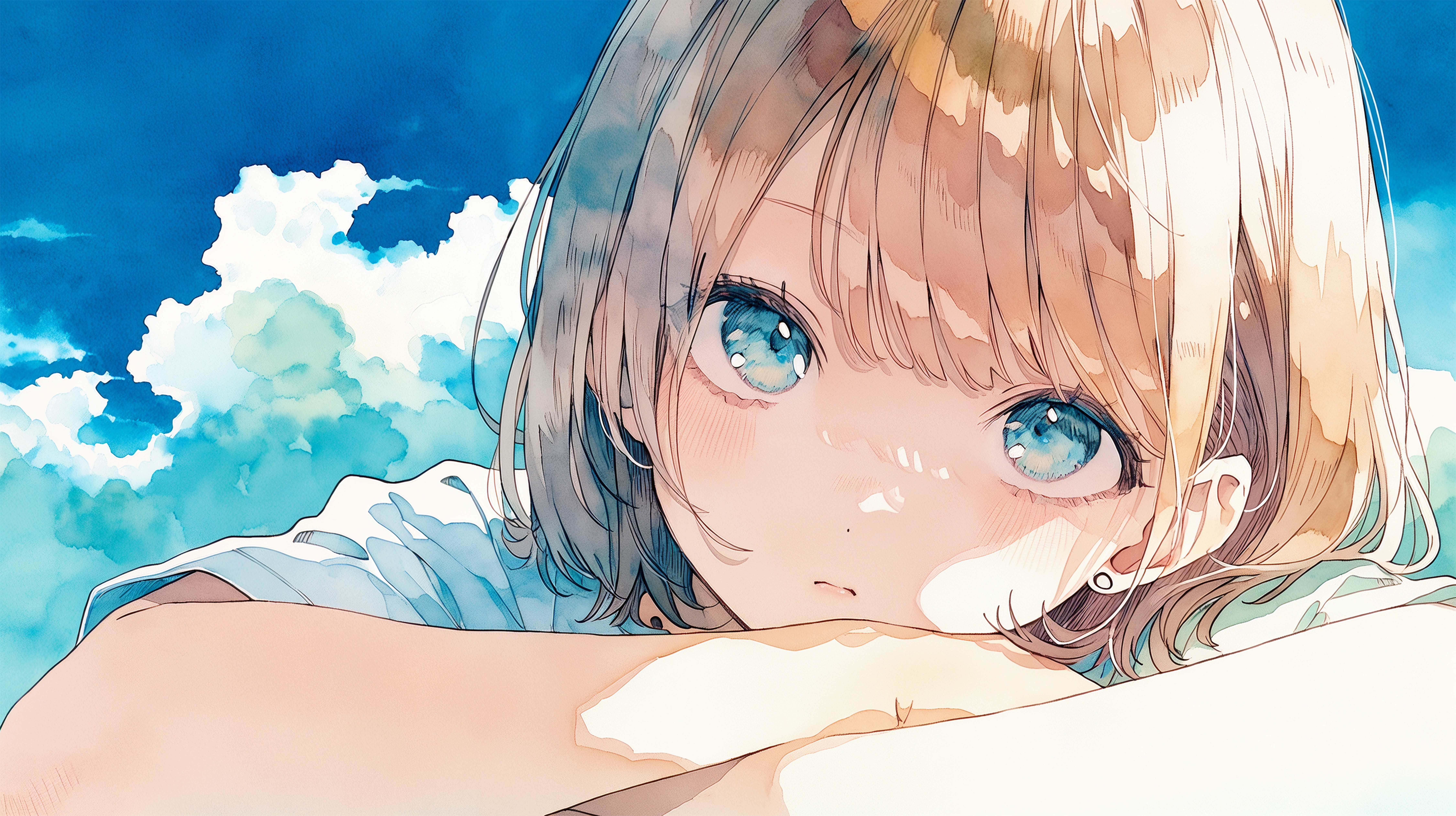 夏の空と気だるそうな女の子のアップイラスト no.1