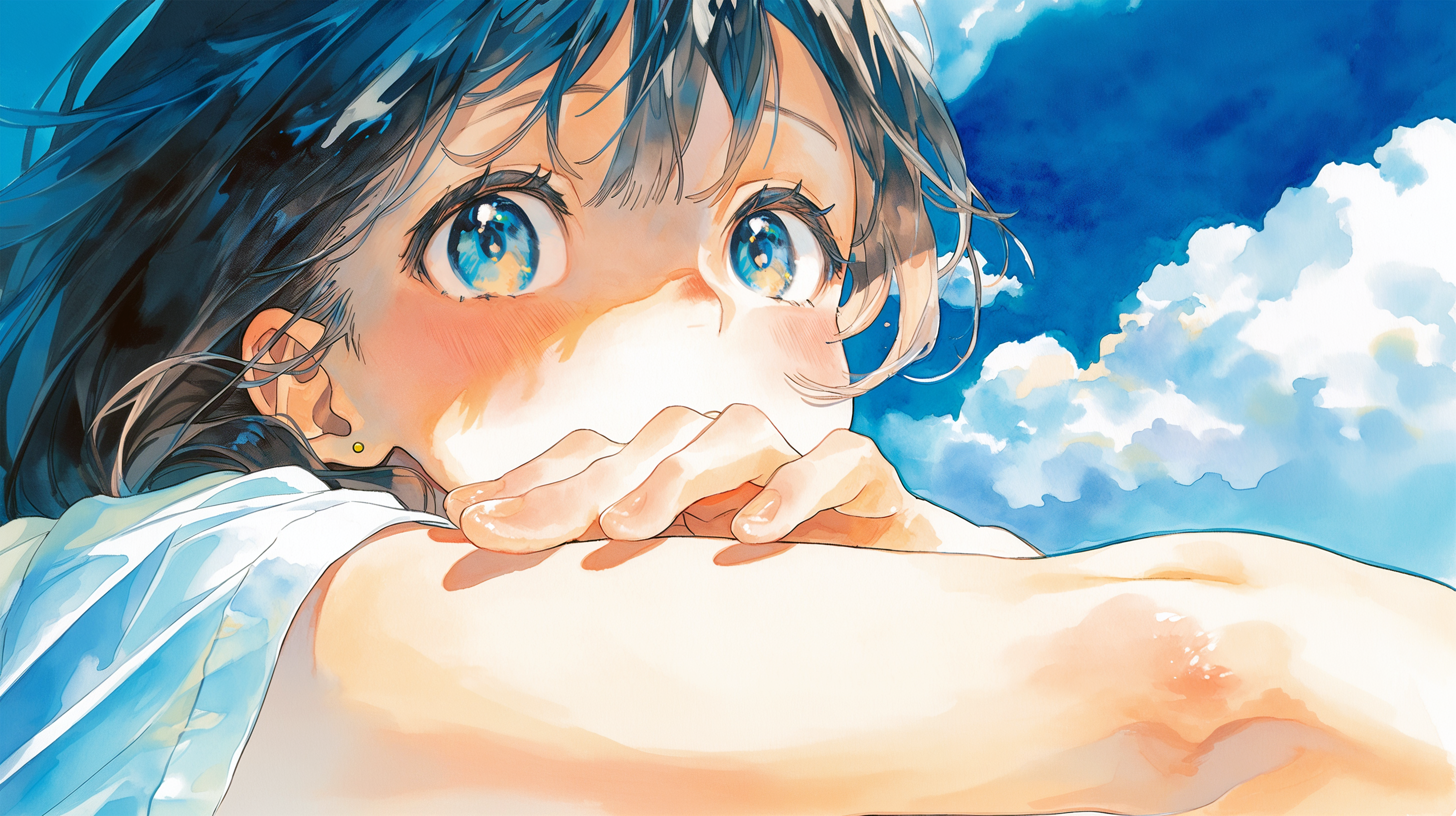 夏の空と気だるそうな女の子のアップイラスト no.3