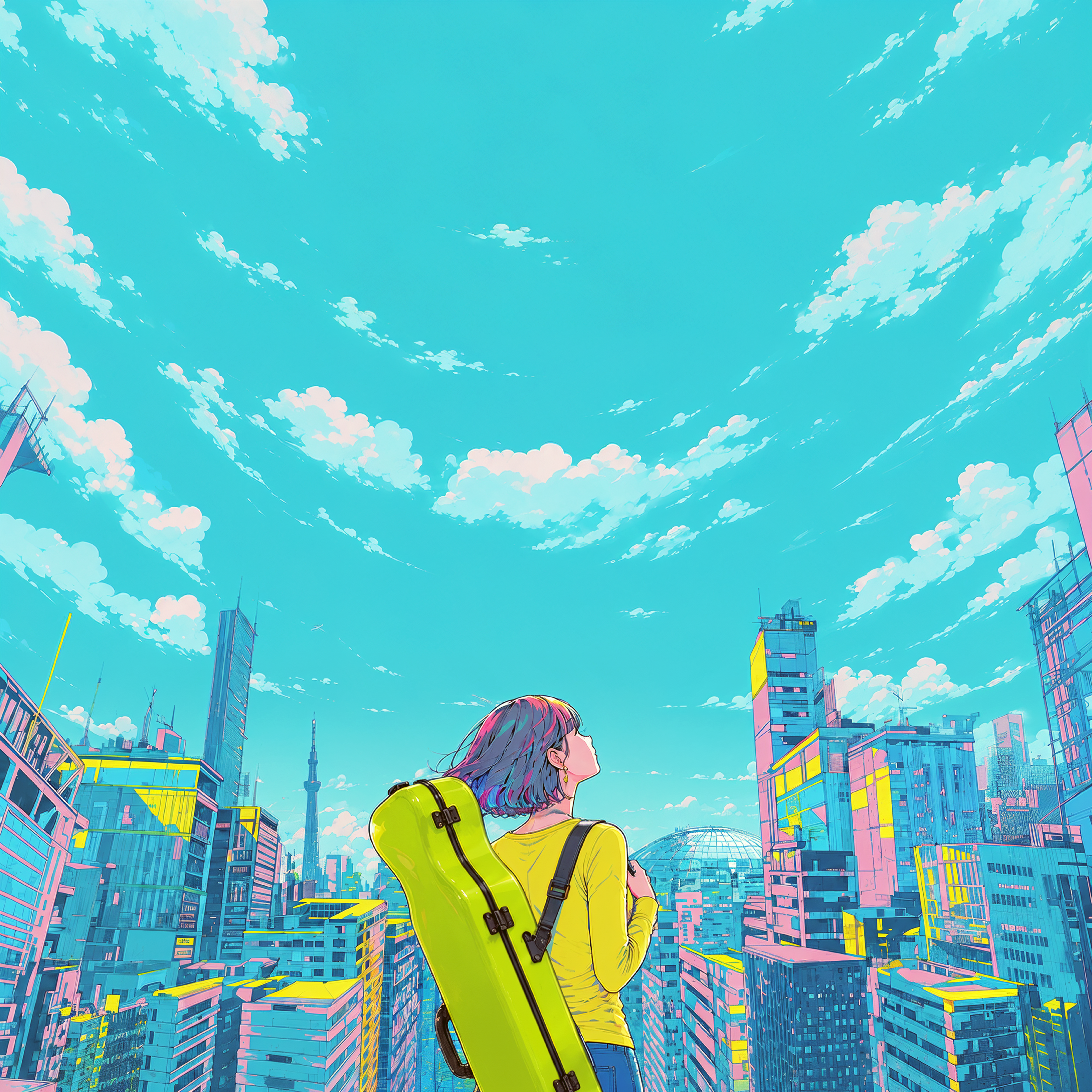 都会の空を見上げる若い女性の後ろ姿 no.1