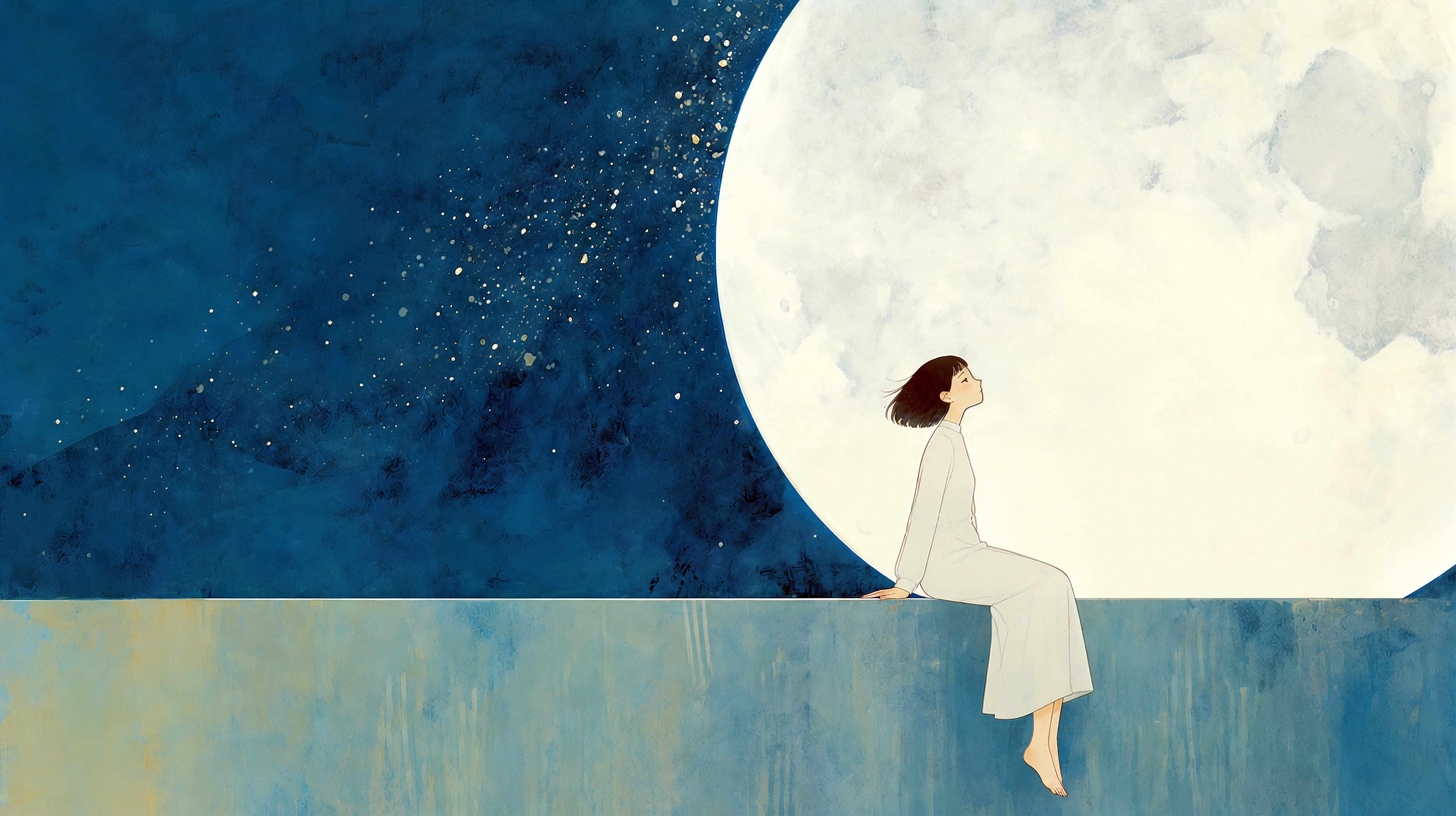 大きな満月と夜空を見上げる女性の水彩イラスト no.1