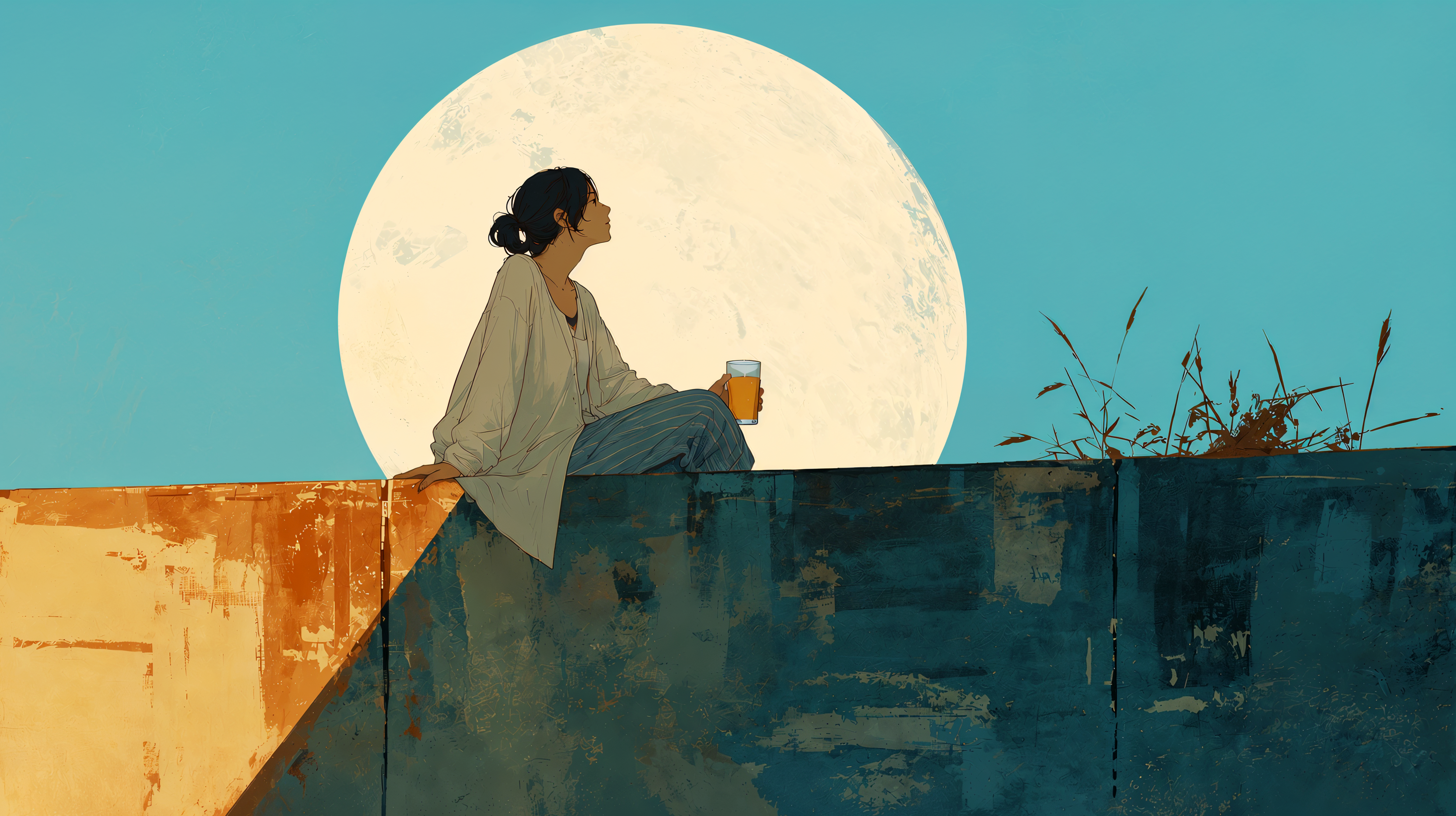 秋の満月と晩酌をする女性の水彩イラスト no.2