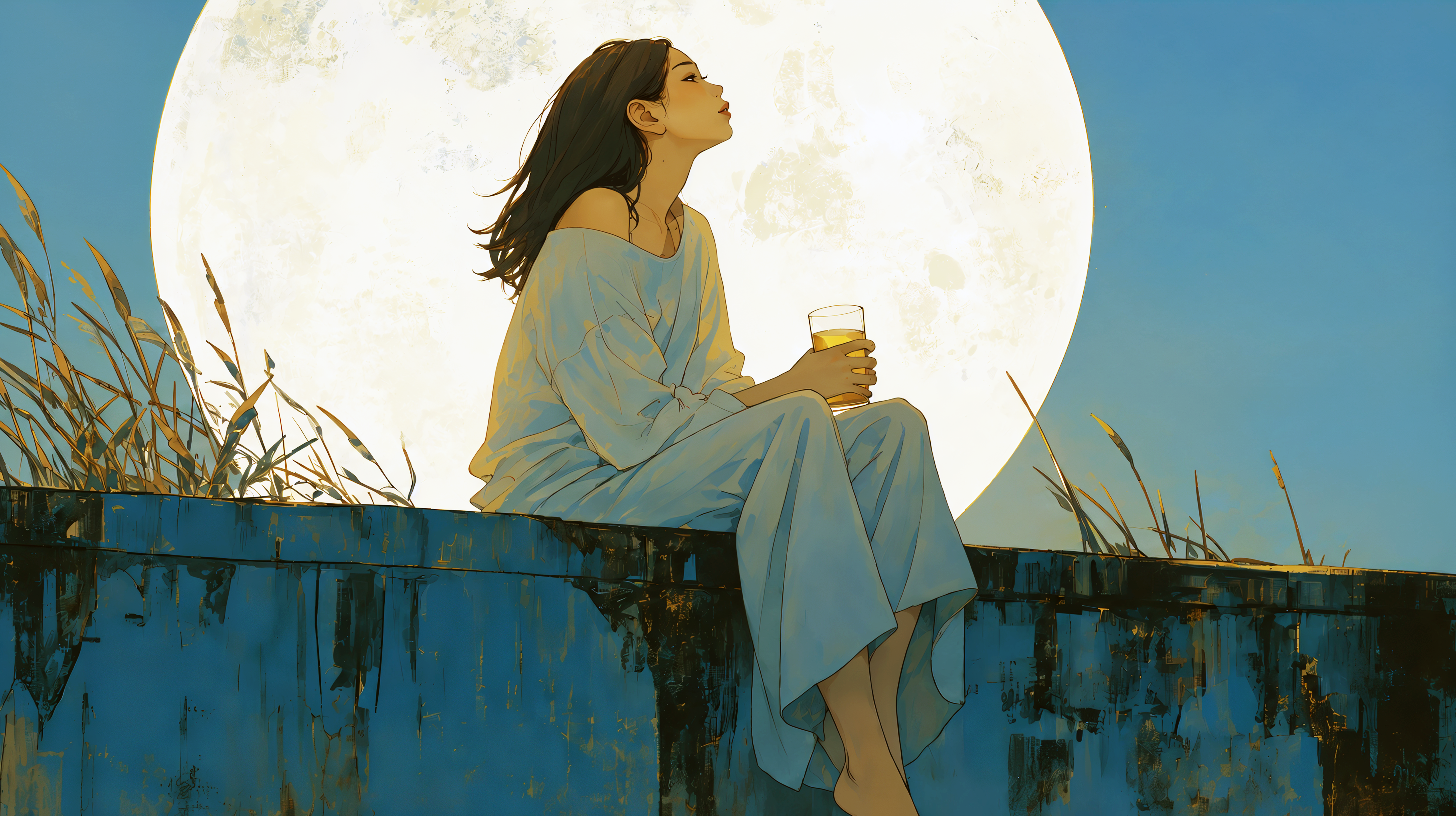 秋の満月と晩酌をする女性の水彩イラスト no.7