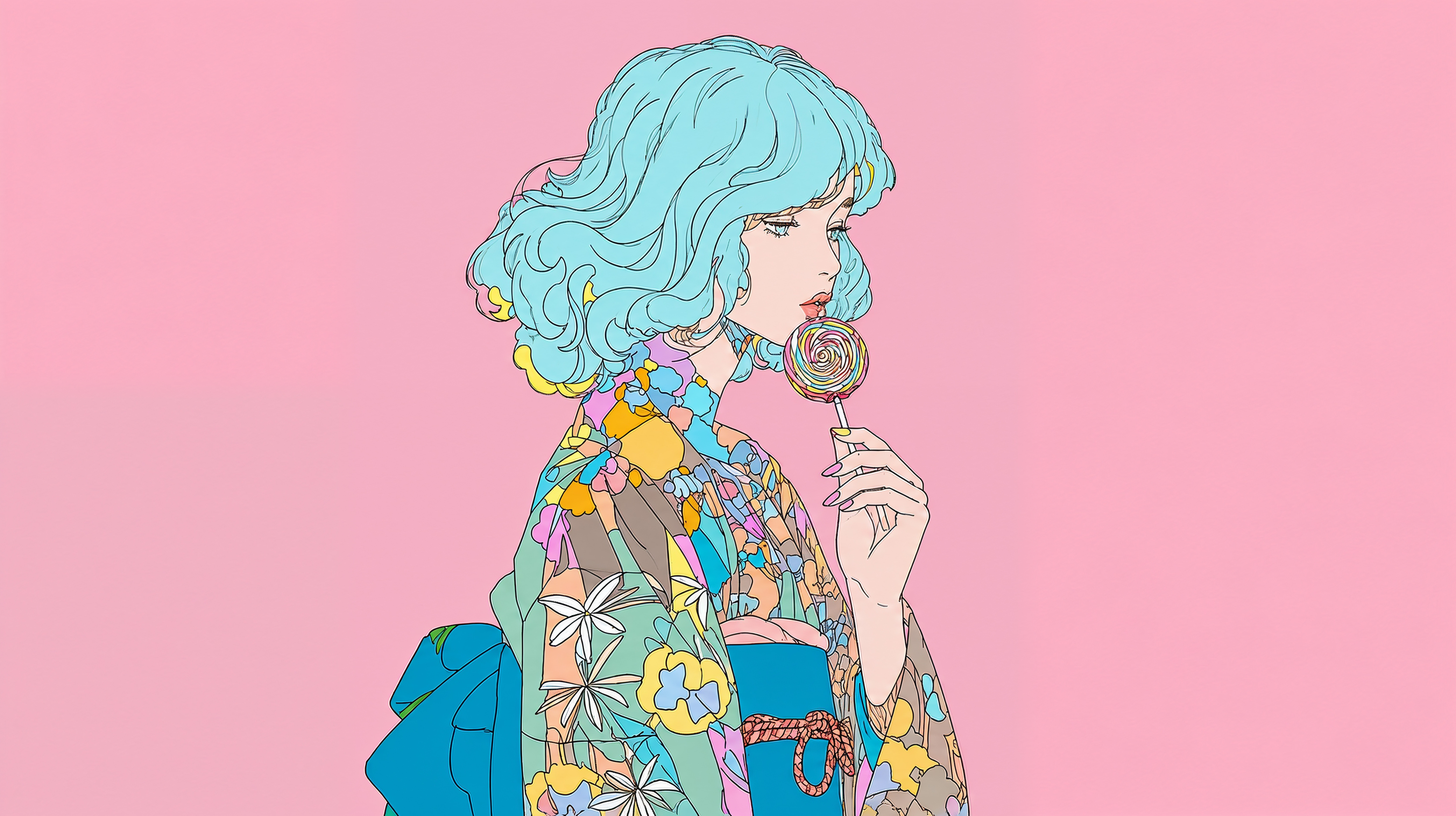 大きなキャンディを持つカラフルな女の子イラスト no.2
