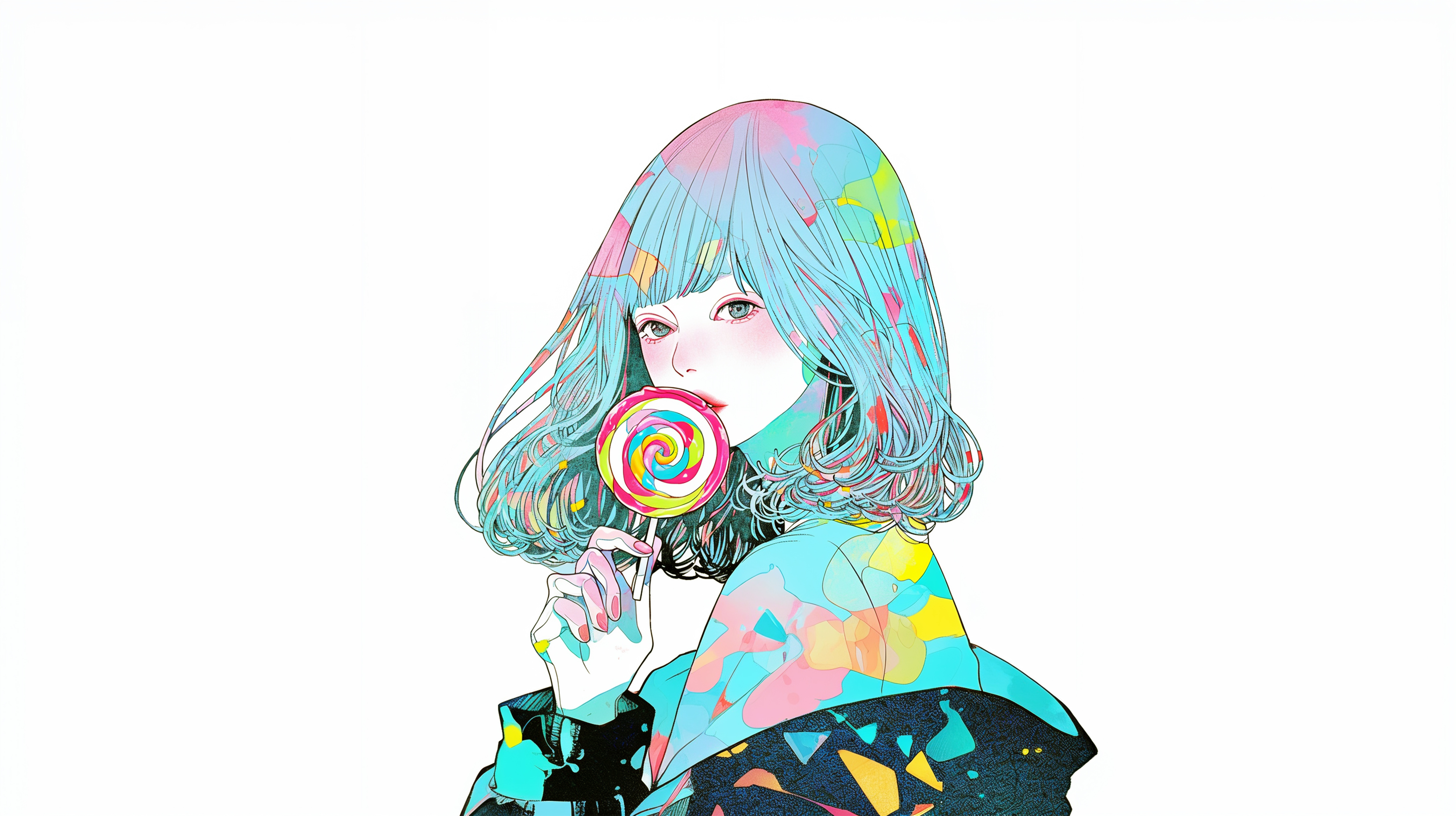 大きなキャンディを持つカラフルな女の子イラスト no.4