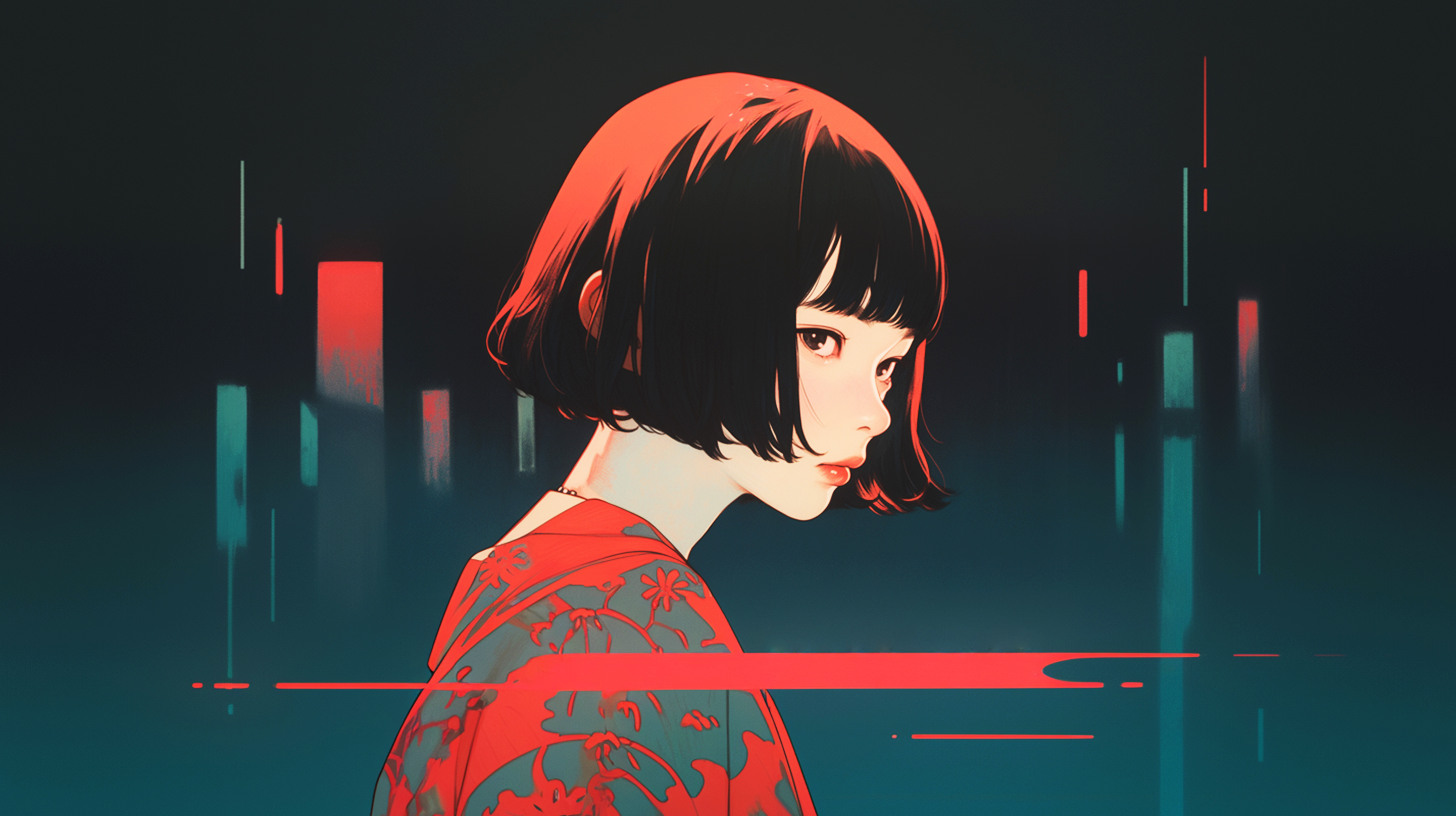夜の街で振り返るクールで可愛い女の子ポートレートイラスト no.2