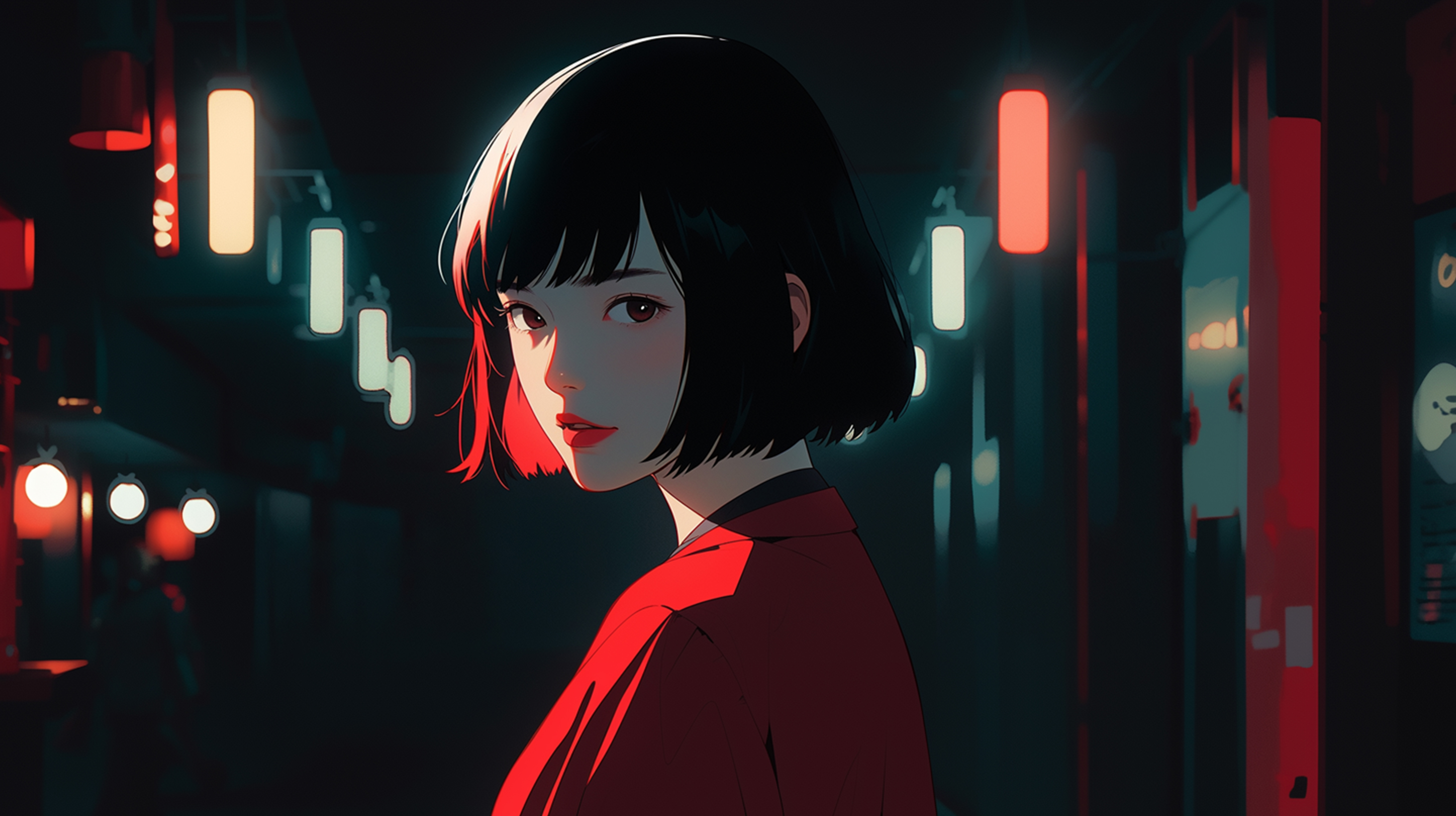 夜の街で振り返るクールで可愛い女の子ポートレートイラスト no.3
