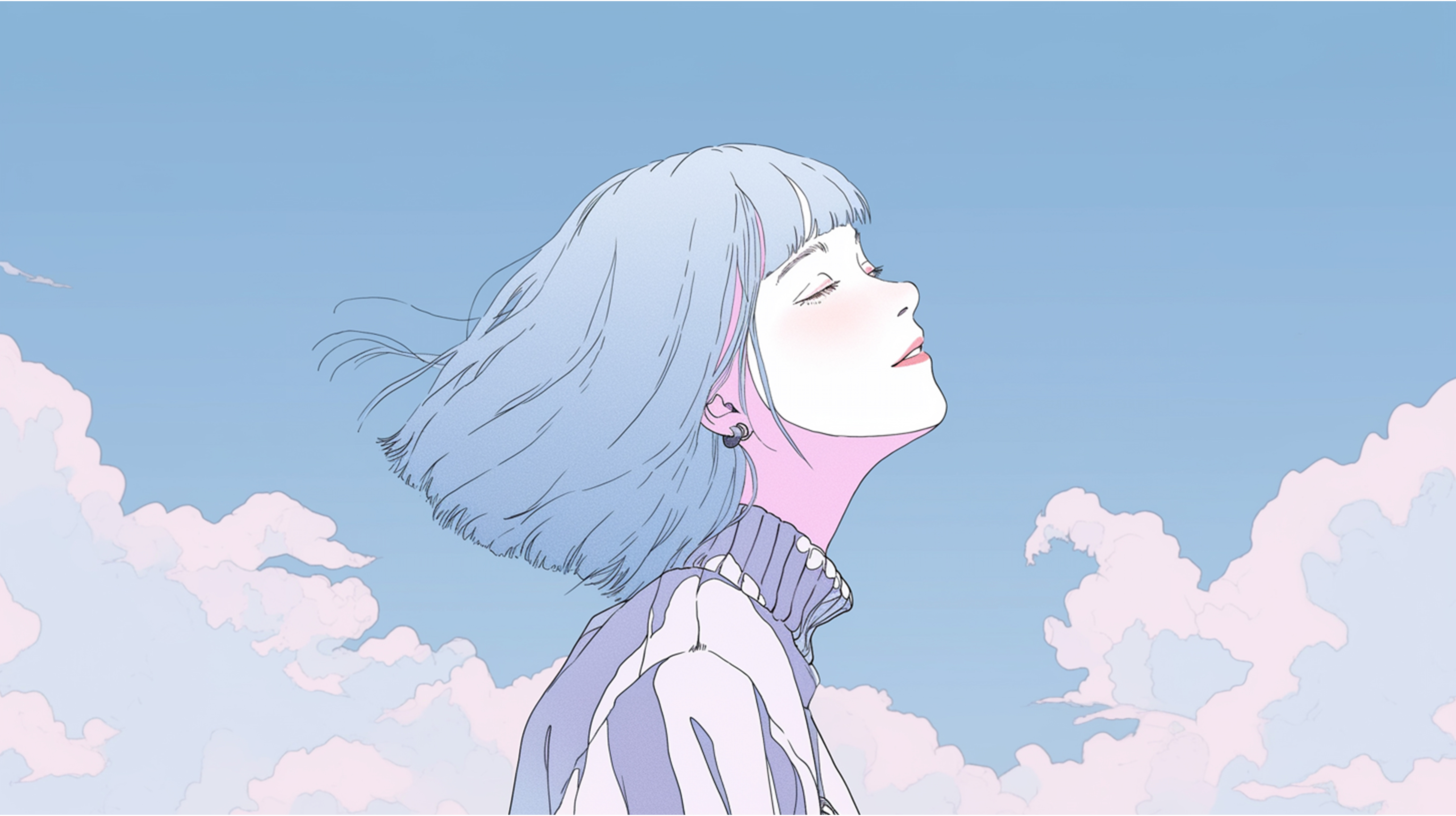 広い空と気持ち良さそうに風を浴びる女性のイラスト no.1