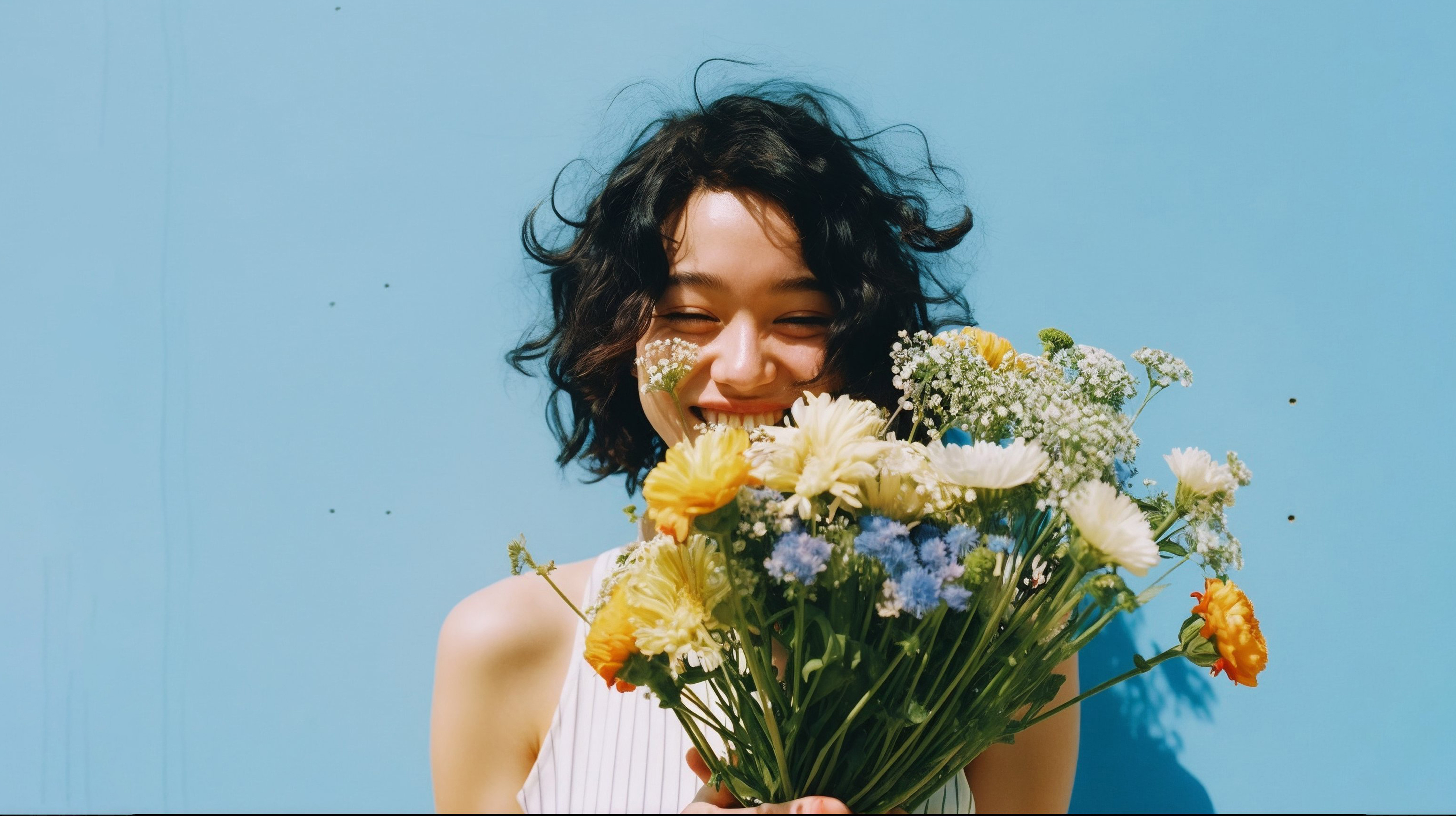 嬉しそうに花束を持つ女性のポートレート写真風 no.6