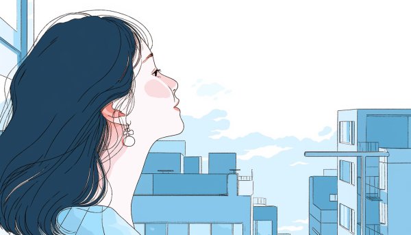 窓を開けて街を眺める女性の横顔イラスト