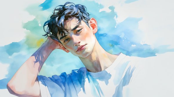 爽やかな男性のアートポートレート水彩イラスト no.1
