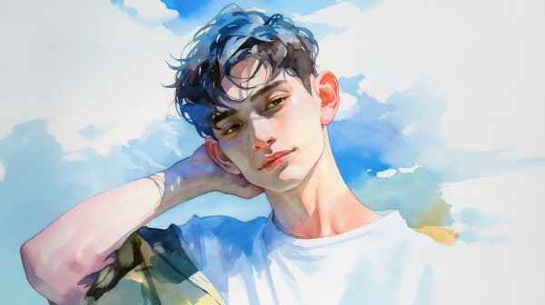 爽やかな男性のアートポートレート水彩イラスト no.5