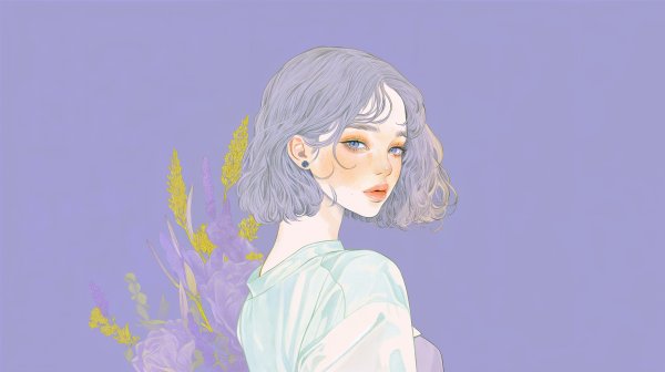 植物や花と美しい女性の淡い水彩ポートレートイラスト no.1