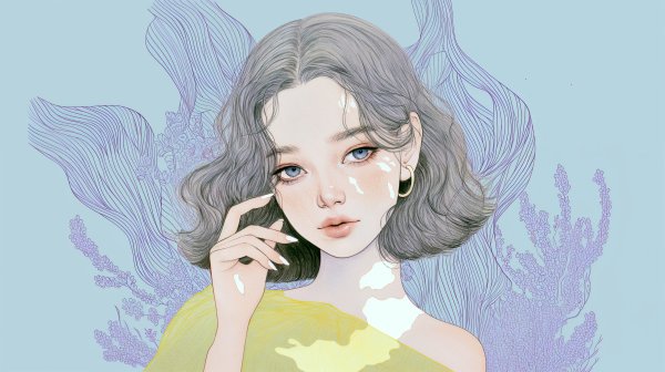 植物や花と美しい女性の淡い水彩ポートレートイラスト no.2