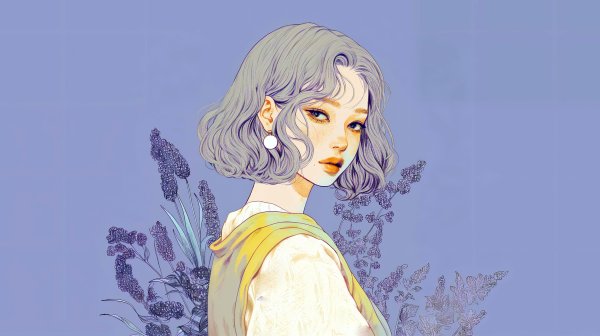 植物や花と美しい女性の淡い水彩ポートレートイラスト no.3