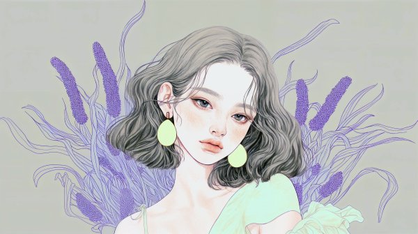 植物や花と美しい女性の淡い水彩ポートレートイラスト no.6