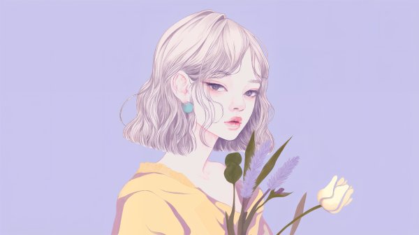 植物や花と美しい女性の淡い水彩ポートレートイラスト no.7