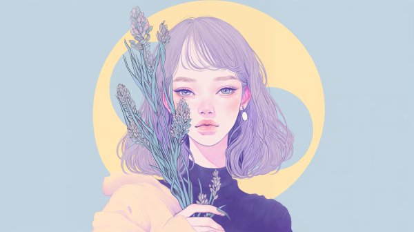 植物や花と美しい女性の淡い水彩ポートレートイラスト no.8