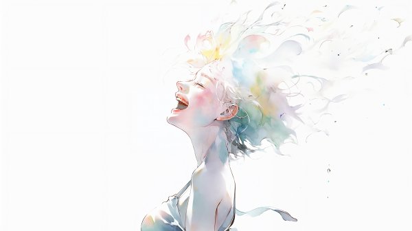 ドレスを着た弾ける笑顔の女性の水彩イラスト no.1