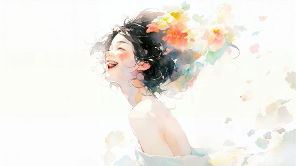 ドレスを着た弾ける笑顔の女性の水彩イラスト no.3