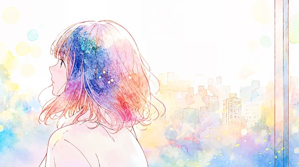 窓の外を眺める女子高生の水彩イラスト