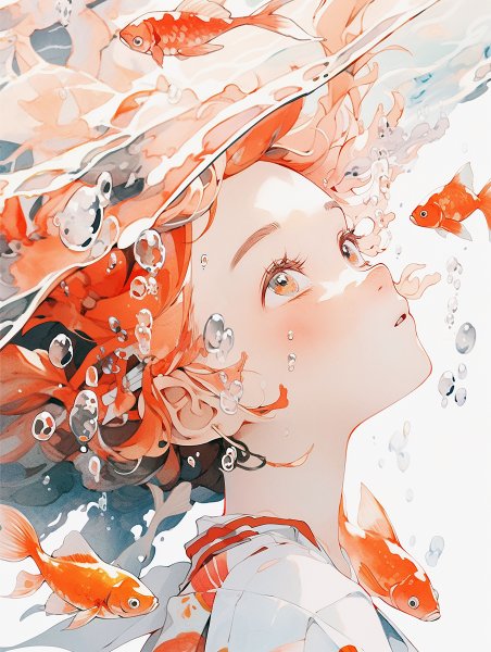 水の中の少女と泳ぐ金魚たち