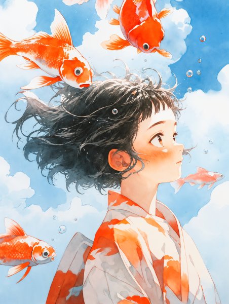 青空を飛び跳ねる金魚と浴衣の女性