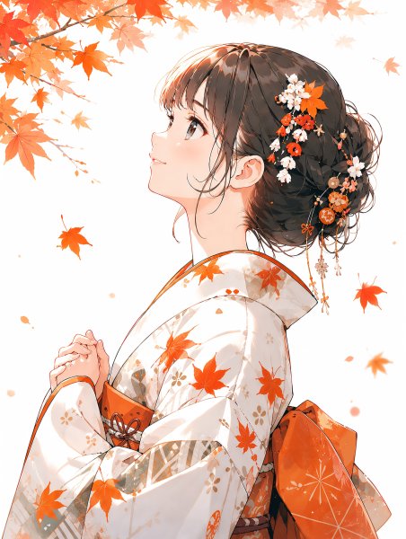 紅葉の下で着物を着て佇む女性のポートレートイラスト no.1