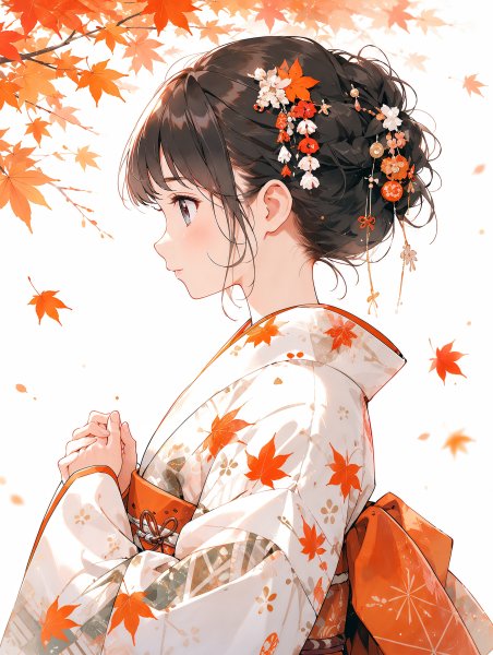 紅葉の下で着物を着て佇む女性のポートレートイラスト  no.2
