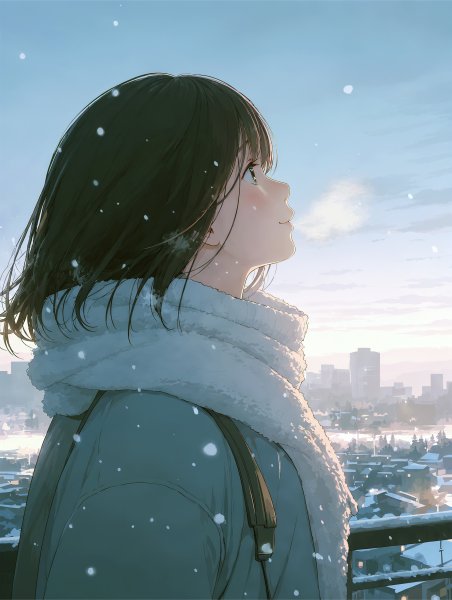 雪の降る都会の空を見上げる若い女性のポートレート no.2
