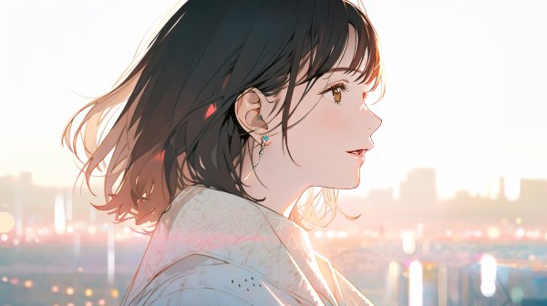都会の風景を背に歩く女性の横顔ポートレートイラスト no.1
