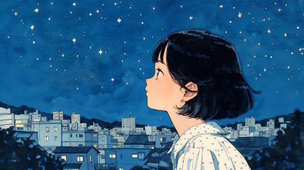 夜の星空を見上げるレトロチックな女の子のイラスト no.2