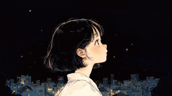 夜の星空を見上げるレトロチックな女の子のイラスト no.6
