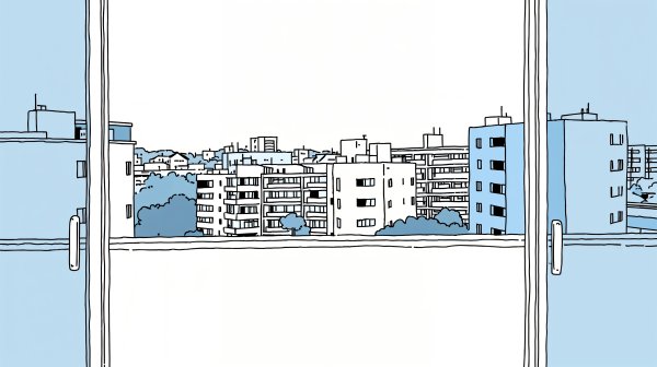 マンションの窓から見える街の風景イラスト no.1