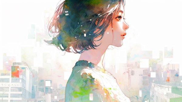 都会で真っ直ぐ前を見つめる女性の横顔ポートレートイラスト