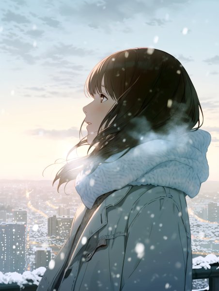 雪の降る都会の空を見上げる若い女性のポートレート no.3