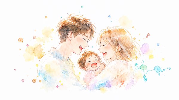 笑顔で子供を抱くカップルの水彩イラスト no.1
